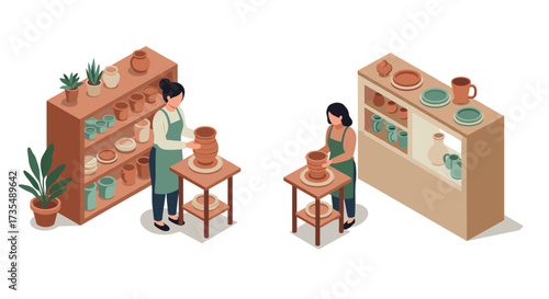 Isometric pottery workshop scene with artisans crafting ceramics