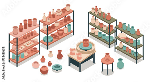 Isometric pottery workshop with shelves and pottery wheel