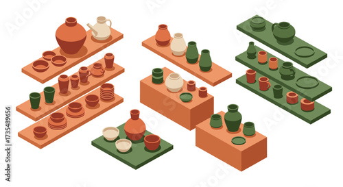 Isometric ceramic pottery on shelves clay vases, cups, and bowls display