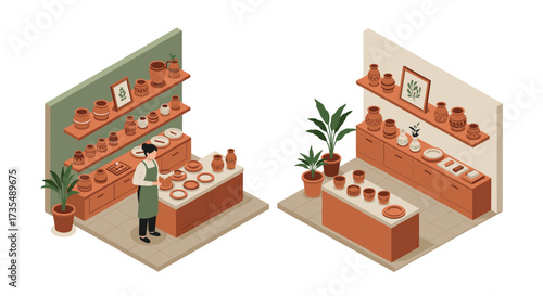 Isometric ceramic shop with pottery display and craftsman working