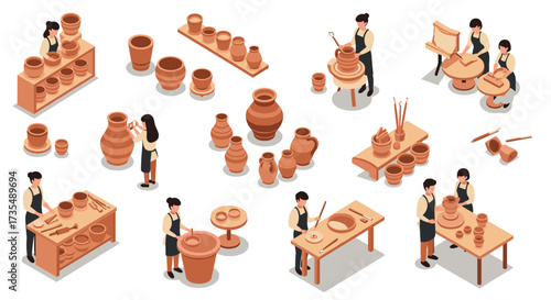 Isometric pottery workshop scene with artisans crafting clay vessels