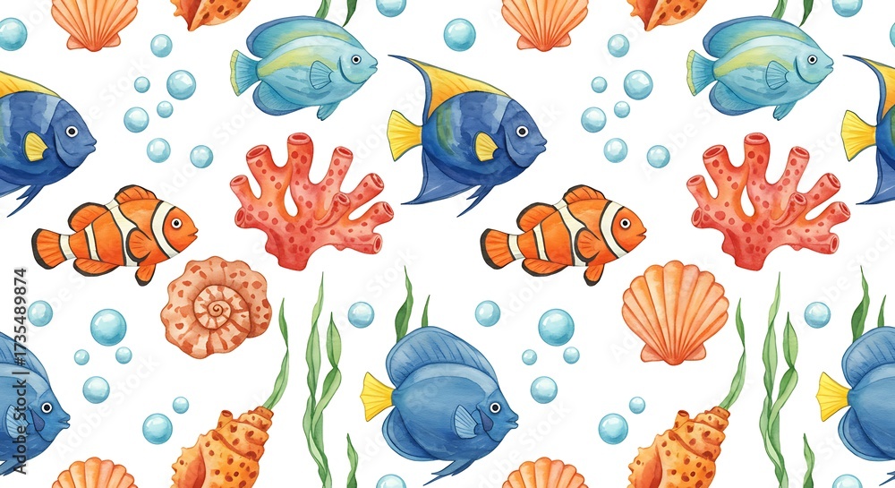 Naklejka premium Watercolor seamless pattern of fish coral seashells and bubbles on white