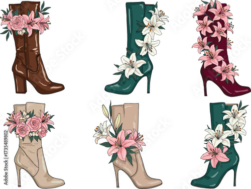 Cartoon bushes and garden shrubs set with flowers and trees, decorative landscape plants illustration, green foliage, outdoor gardening vector design