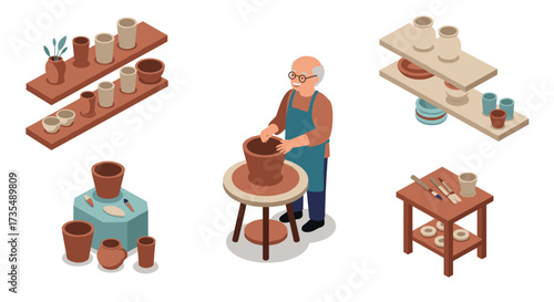 Isometric pottery workshop with elderly craftsman creating clay art in studio