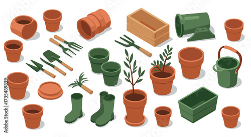 Garden tools and pots collection in isometric style for planting enthusiasts