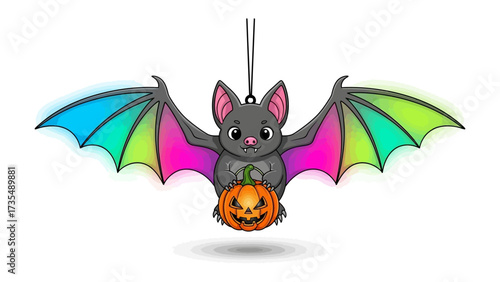 Halloween Bat with Pumpkin: A whimsical illustration of a charming bat, its vibrant rainbow wings spread wide, clutching a carved pumpkin. Celebrate the magic of Halloween.
