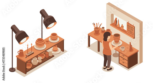 Isometric pottery studio with artisan creating clay vessels under warm lighting