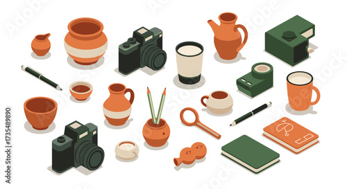 Isometric retro style objects collection featuring cameras, pottery, and stationery