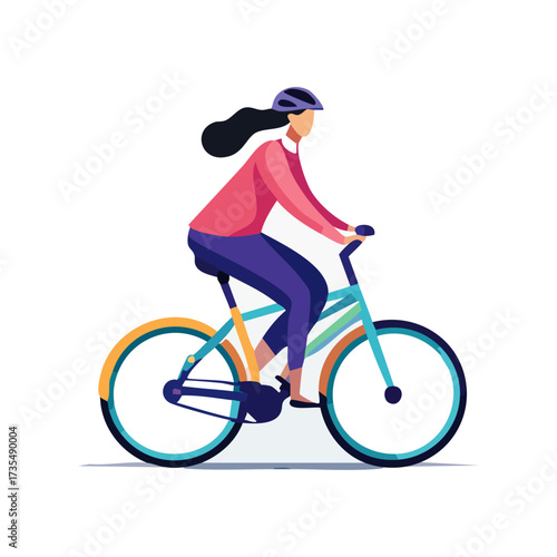 Illustration of a woman with dark hair riding a bicycle, wearing a helmet, a pink shirt, and purple pants.