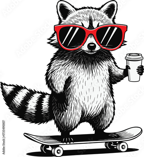 A cool raccoon is skateboarding with a coffee the raccoon is wearing red sunglasses and has a coffee in his hand it is a vector illustration