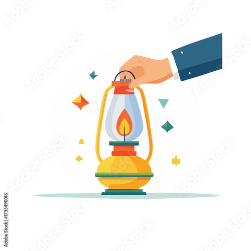 A hand in a blue suit sleeve holds a lit yellow and red lantern with a bright flame.