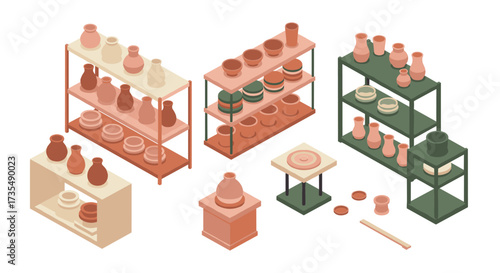 Isometric ceramic workshop with pottery on shelves and display tables