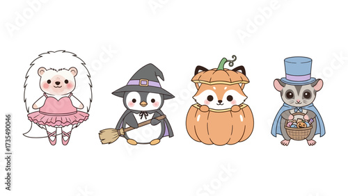 Whimsical Creatures for Halloween: A charming collection of adorable, illustrated creatures dressed in Halloween costumes, perfectly captures the spirit of spooky season.