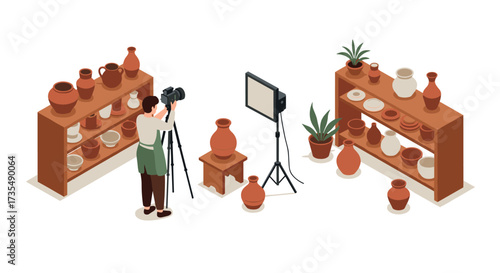 Pottery photography studio with photographer and ceramic display in isometric view