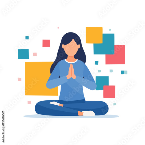 Woman in lotus position meditating with hands in prayer pose surrounded by colorful squares.