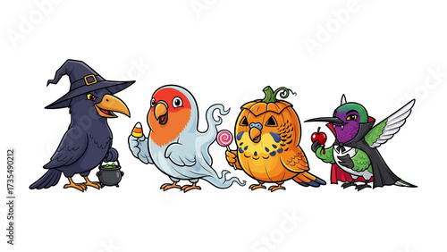 Halloween Costume Birds: A playful illustration depicts four feathered friends dressed up in unique costumes: a witch raven, a ghost, a pumpkin owl, and a vampire hummingbird.
