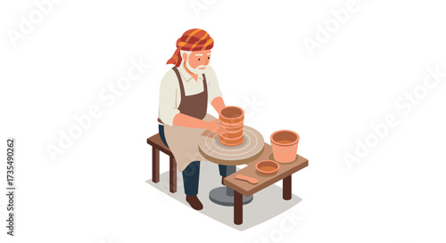 Isometric potter artisan crafting clay pottery on wheel in workshop setting