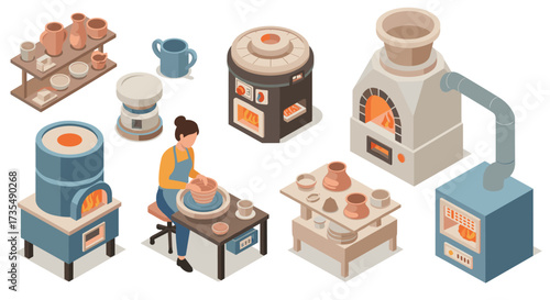 Isometric ceramic workshop with kilns and potter making clay vessels