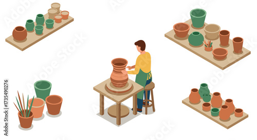 Isometric pottery workshop artisan creating clay pots with earthy tones