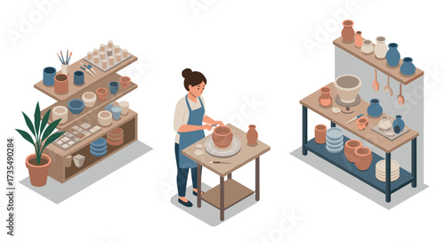 Potter creating pottery in ceramic studio with variety of clay creations on display
