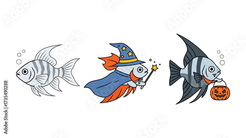 Mystic Underwater Creatures: Three unique and whimsical fish characters bring a splash of Halloween enchantment, a visual journey into a world of fantasy and wonder. 