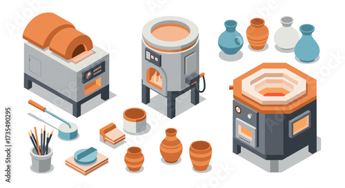 Isometric ceramic kiln and pottery workshop with colorful vases and tools