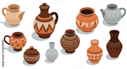 Rustic collection of decorative clay vessels in isometric style