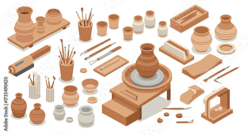 Isometric pottery workshop with clay tools and pottery wheel on white background