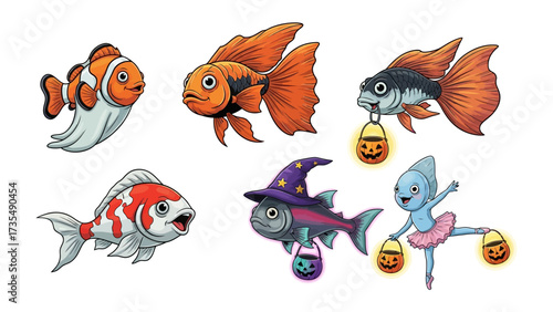 Whimsical Underwater Gathering: A vibrant collection of cartoonish fish, each adorned with charming Halloween accessories, swim together in a playful illustration, ready to bring joy to any occasion.