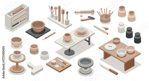 Isometric pottery tools and clay workshop equipment on white background
