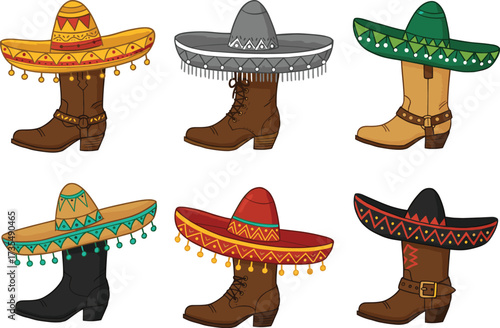 Colorful Mexican sombrero with cowboy boots vector illustration, traditional fiesta decoration, Cinco de Mayo art, cultural fashion design, cartoon western shoe hat