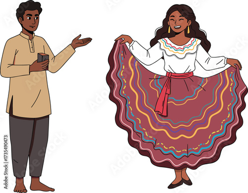 Cartoon illustration of man in traditional kurta, woman dancing in colorful dress, cultural diversity, heritage, festival, tradition, celebration, folklore