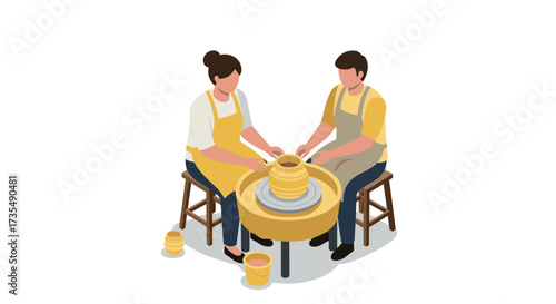 Isometric pottery class with two people crafting on pottery wheel