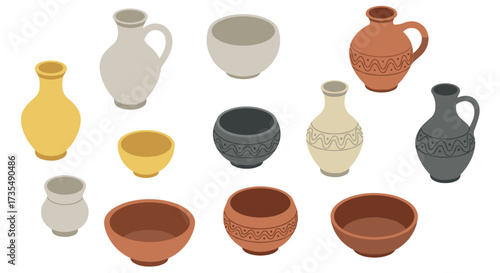 Isometric ceramic pottery set with ancient vases and bowls in earth tones