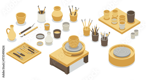 Isometric pottery workshop with tools and clay creations in earthy tones