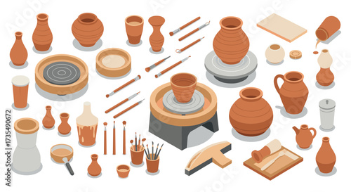 Pottery craft tools and vessels in isometric style