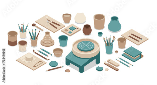 Isometric pottery workshop with art supplies and ceramic tools on white background