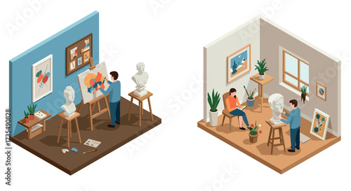Creative home studio spaces with isometric artists working on sculptures and paintings