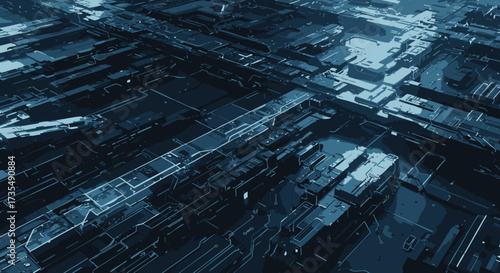 Futuristic Cityscape An abstract illustration of a digital infrastructure in a modern metropolis