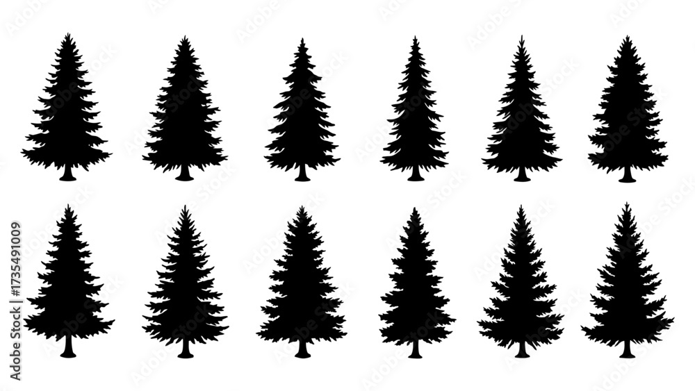 Obraz premium Set of black christmas tree silhouette vector design.
