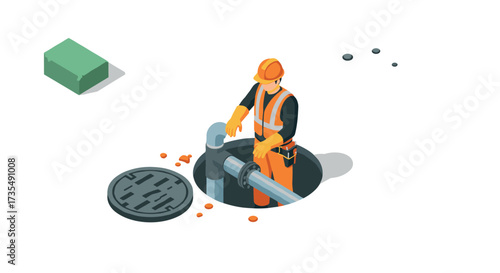 Isometric worker in safety gear inspecting sewer pipes