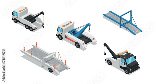 Isometric tow trucks and ramps set with transport equipment in flat design