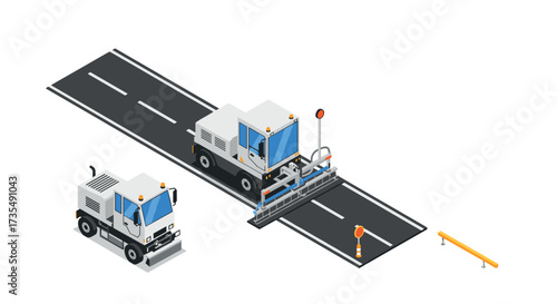 Isometric road sweeper machine on highway with traffic control elements