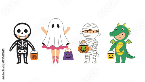 Halloween Costume Parade: A whimsical collection of children, dressed as a skeleton, ghost, mummy, and dragon, ready for trick-or-treating. Each carries a pumpkin-shaped candy bucket.&#x20;

