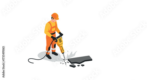Construction worker operating jackhammer on concrete in isometric design