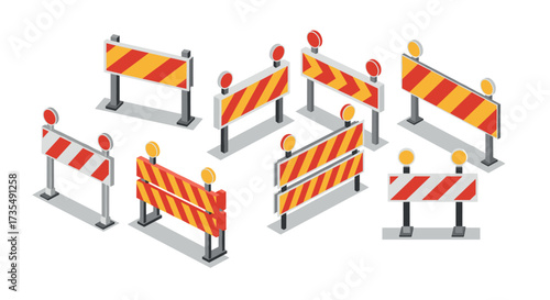 Isometric road construction barriers and warning signs set