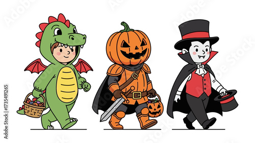 Children's Halloween Parade: Three children joyfully participate in a Halloween parade, their elaborate costumes adding a splash of color to the joyous occasion, each one showcasing creativity.