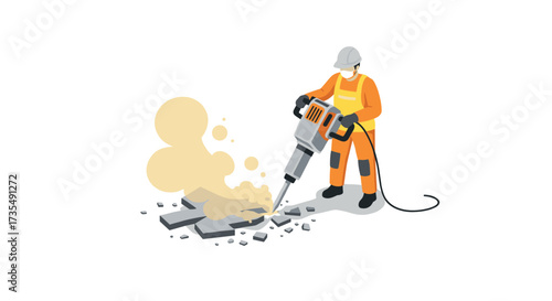 Construction worker using jackhammer breaking concrete in isometric style