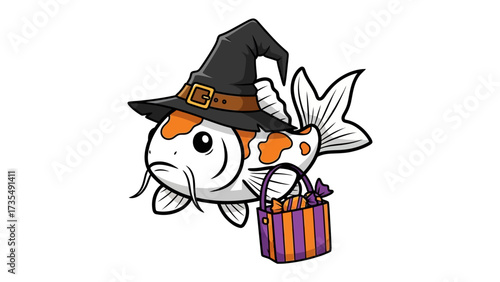 Halloween Koi Fish: This charming illustration features a festive koi fish donned in a whimsical witch hat and clutching a bag of treats, embodying Halloween spirit.