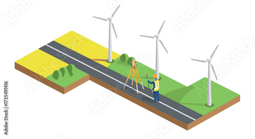 Isometric wind farm survey engineers analyzing renewable energy infrastructure
